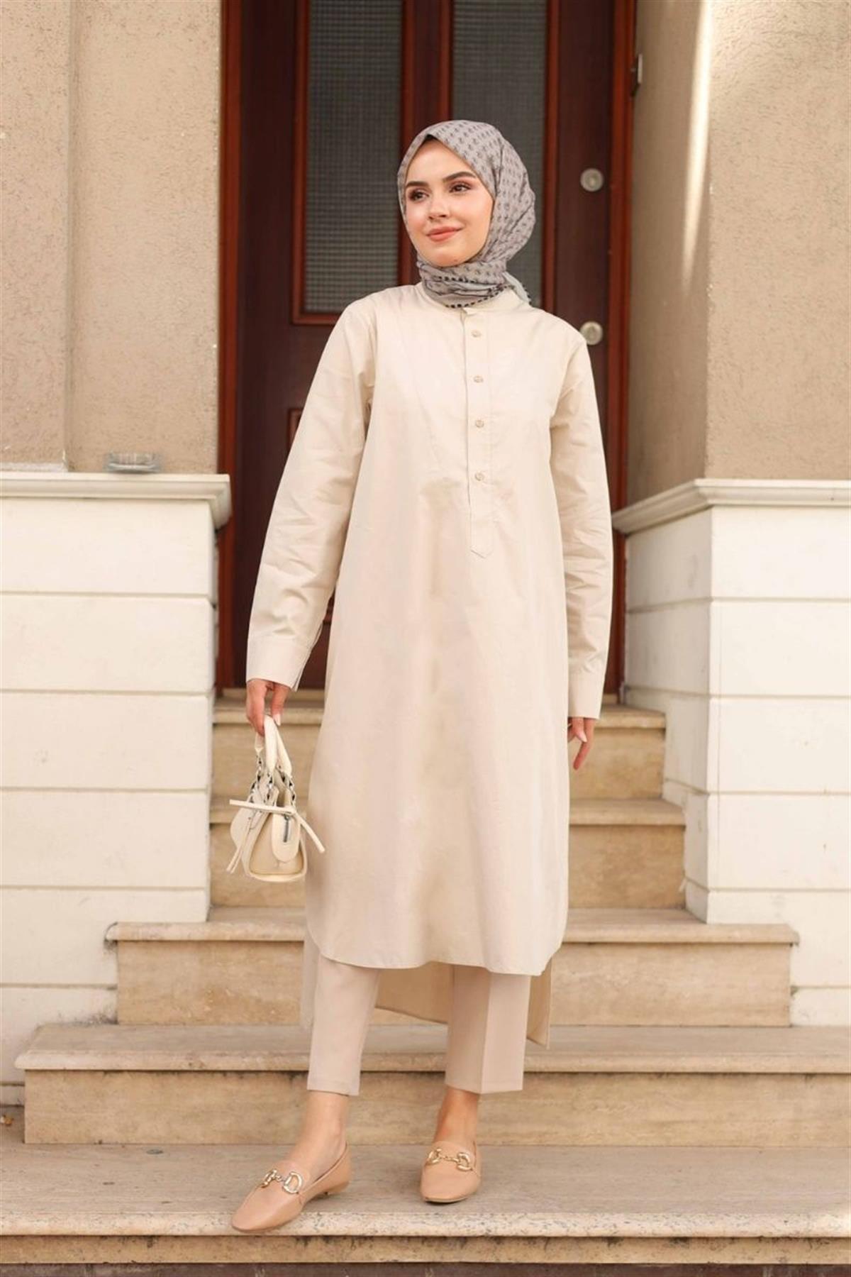 Yarım Düğmeli Uzun Poplin Tunik Krem