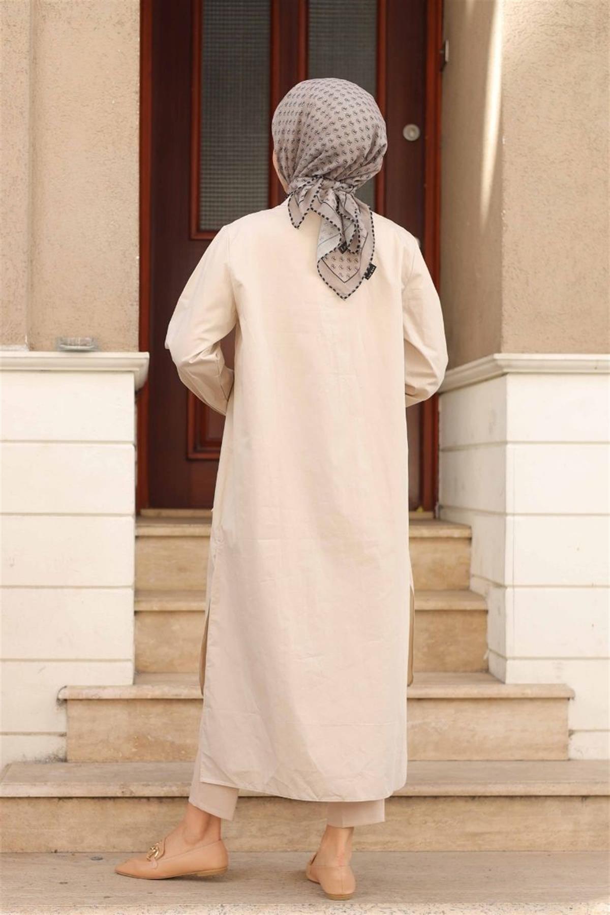 Yarım Düğmeli Uzun Poplin Tunik Krem