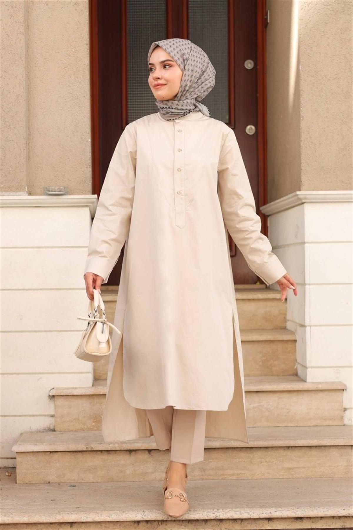 Yarım Düğmeli Uzun Poplin Tunik Krem