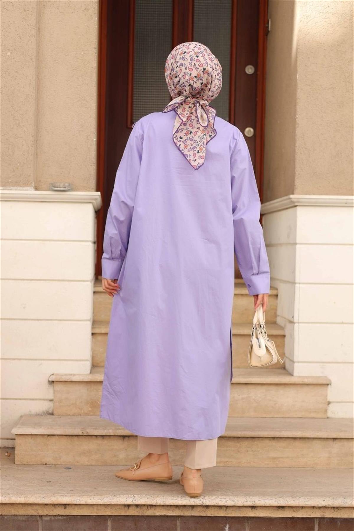Yarım Düğmeli Uzun Poplin Tunik Lila