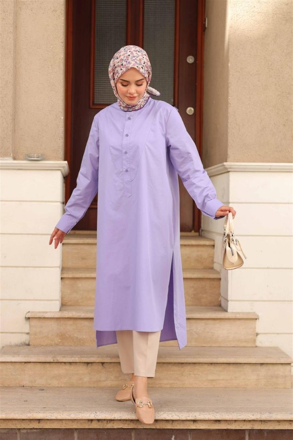 Yarım Düğmeli Uzun Poplin Tunik Lila