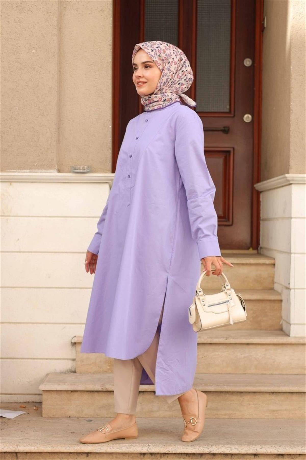 Yarım Düğmeli Uzun Poplin Tunik Lila