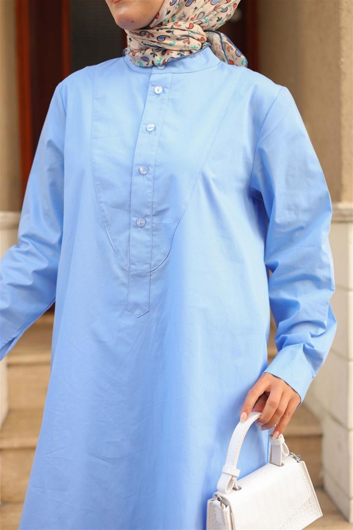 Yarım Düğmeli Uzun Poplin Tunik Mavi