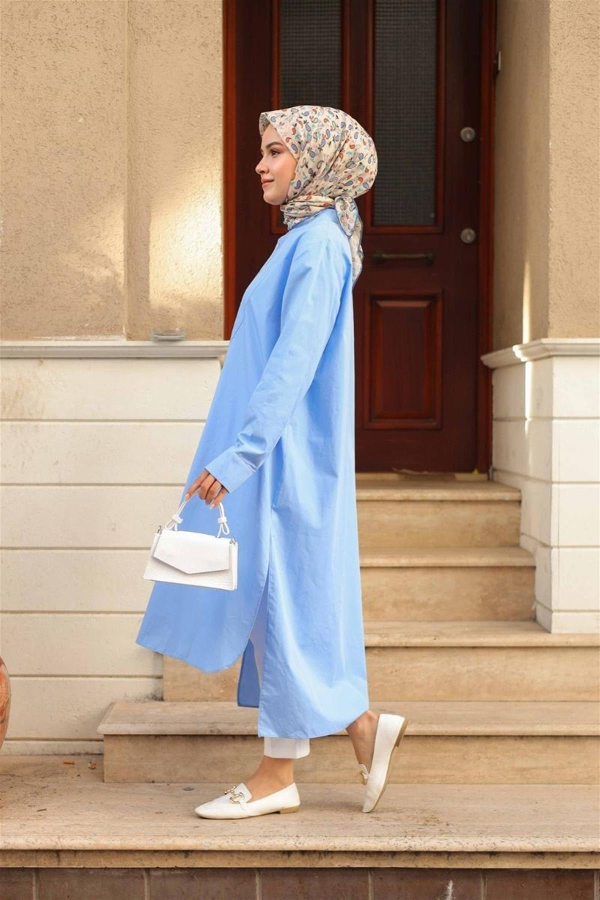 Yarım Düğmeli Uzun Poplin Tunik Mavi