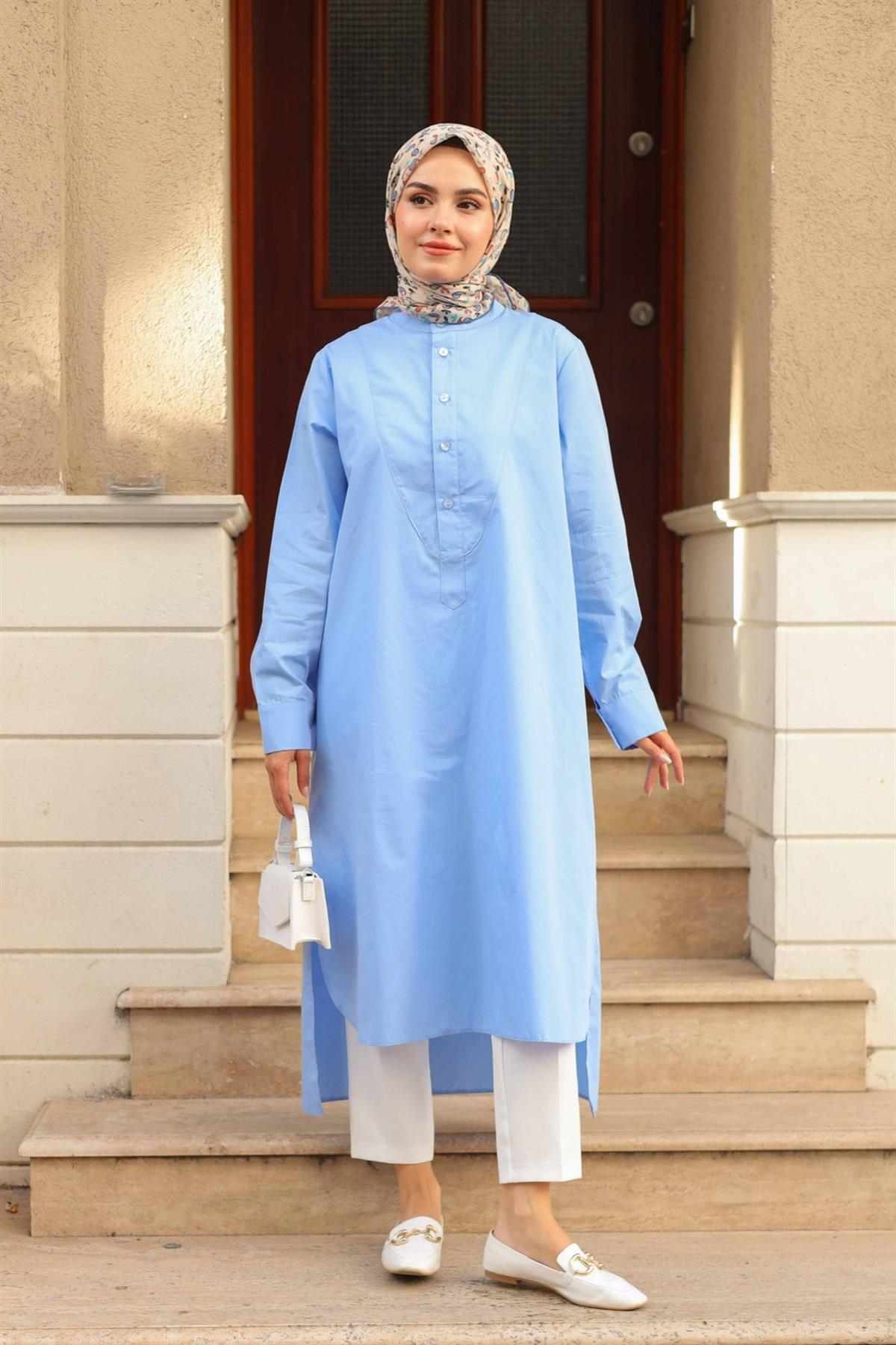 Yarım Düğmeli Uzun Poplin Tunik Mavi