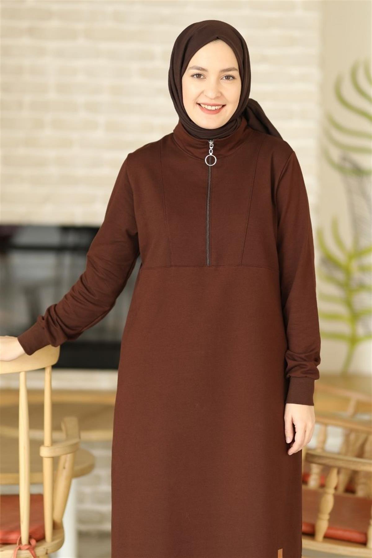Yarım Fermuarlı Sweat Acı Kahve