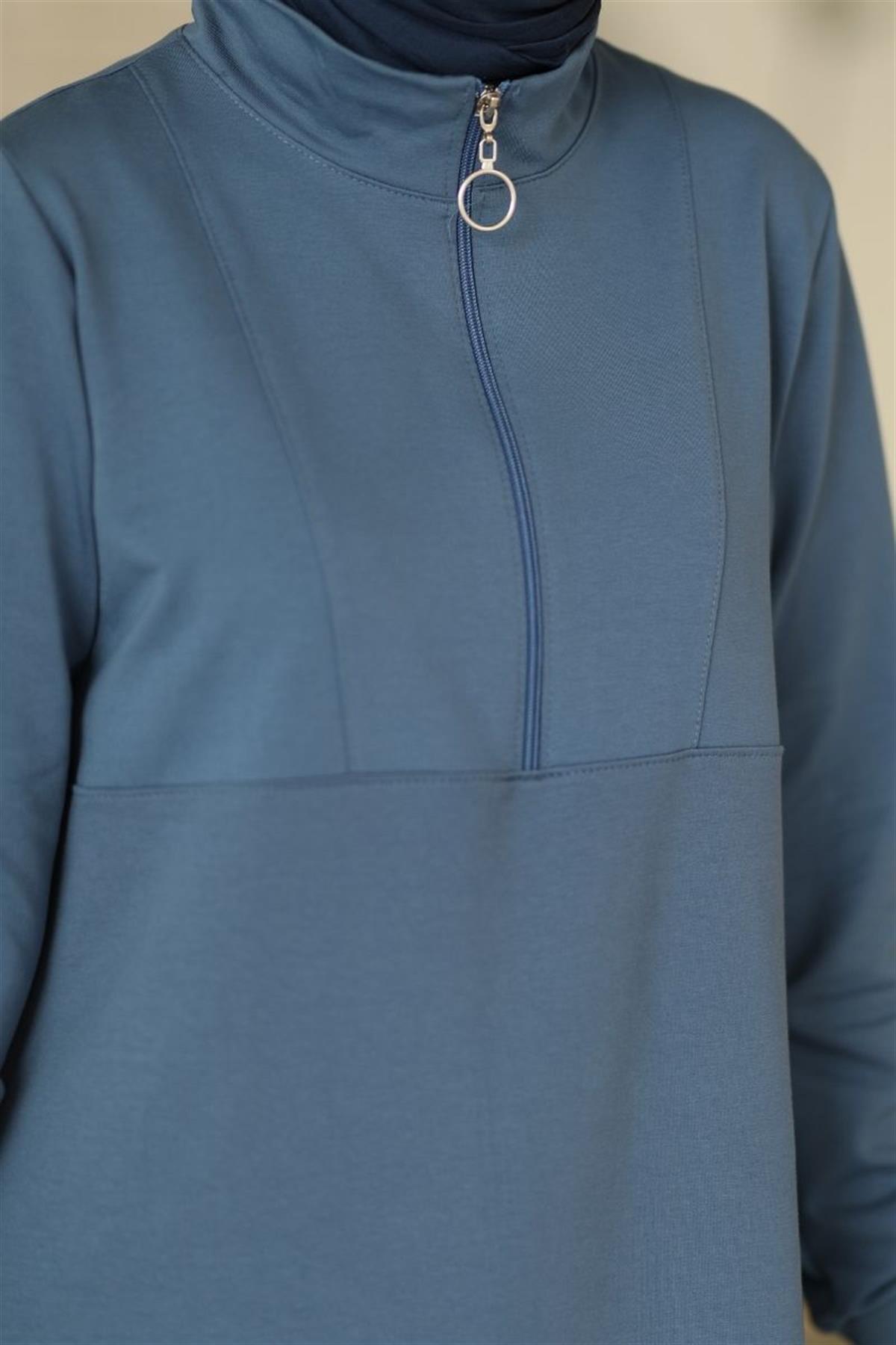 Yarım Fermuarlı Sweat İndigo