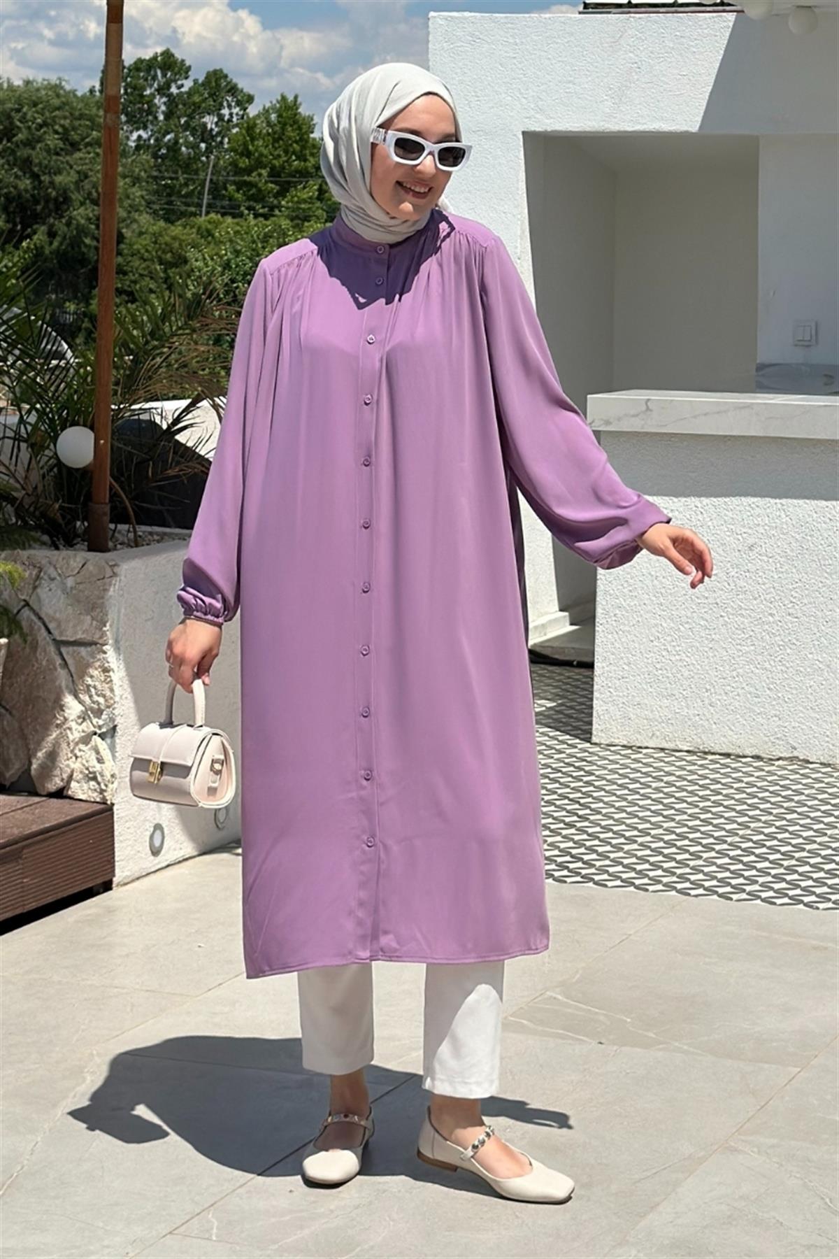 Zarif Düğmeli Medine İpeği Tunik Eflatun