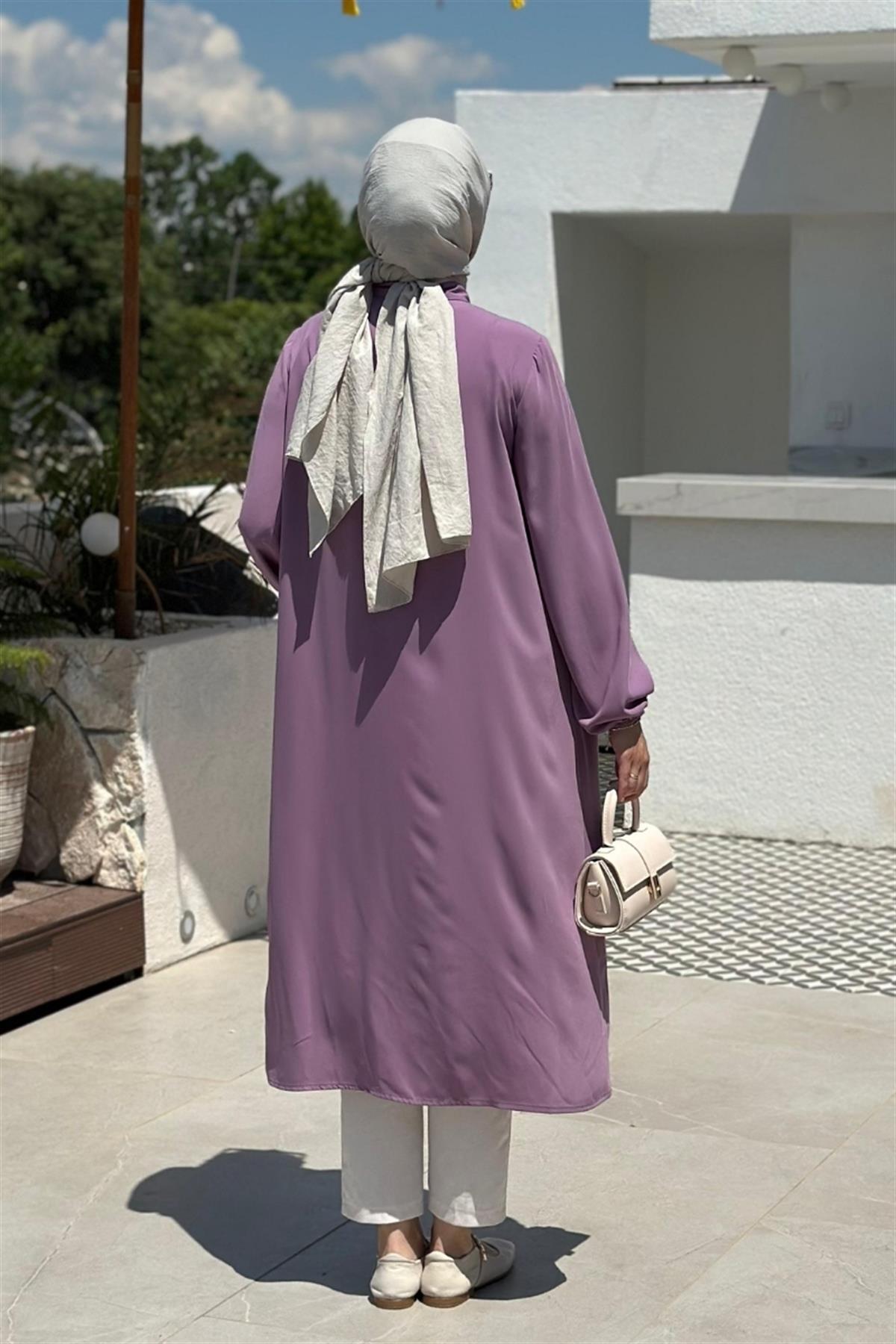 Zarif Düğmeli Medine İpeği Tunik Eflatun