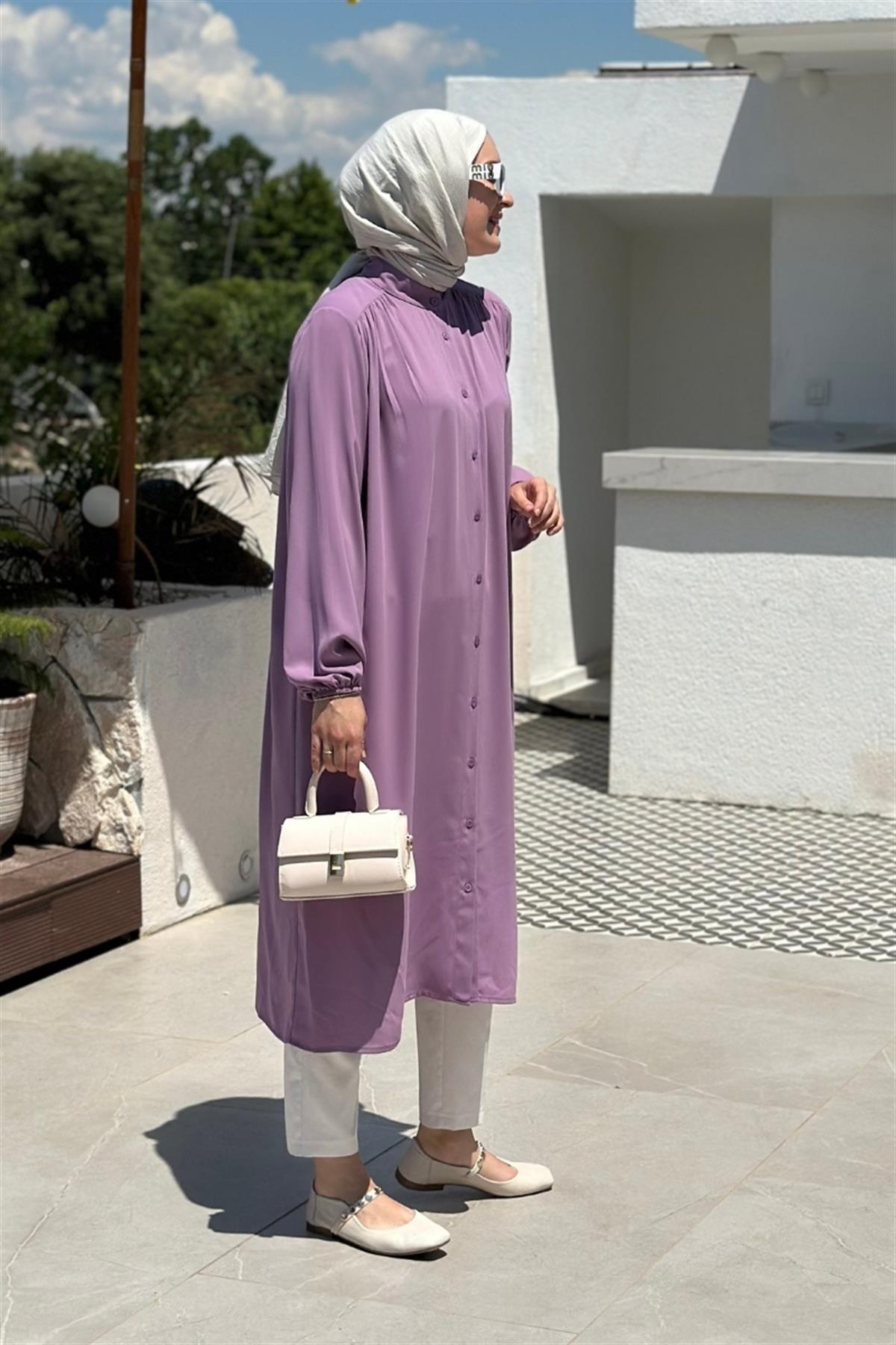 Zarif Düğmeli Medine İpeği Tunik Eflatun