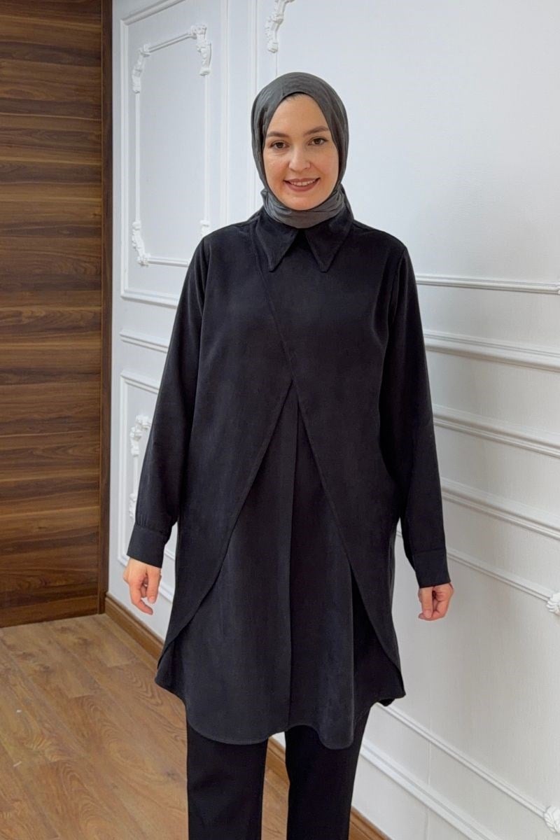 Alya Önü Fırfırlı Uzun Tunik Siyah