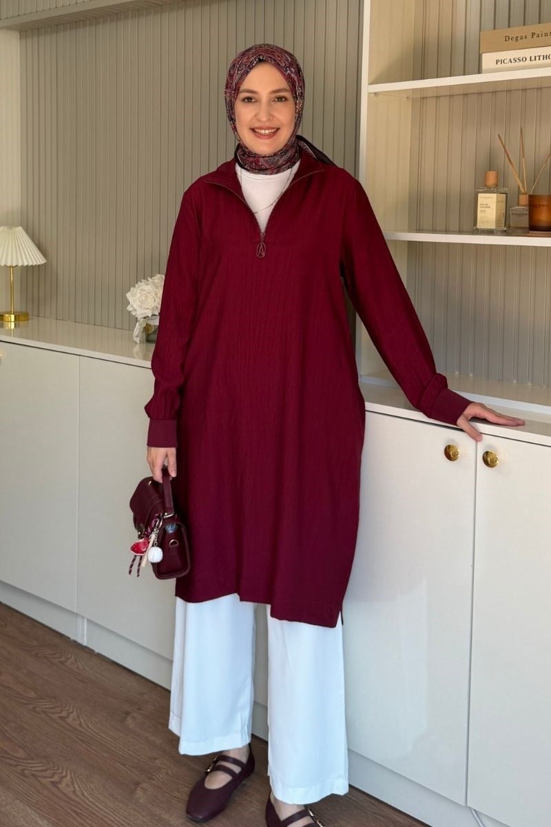 Armine Trend Yarım Fermuarlı Kolları Lastikli Tunik Bordo