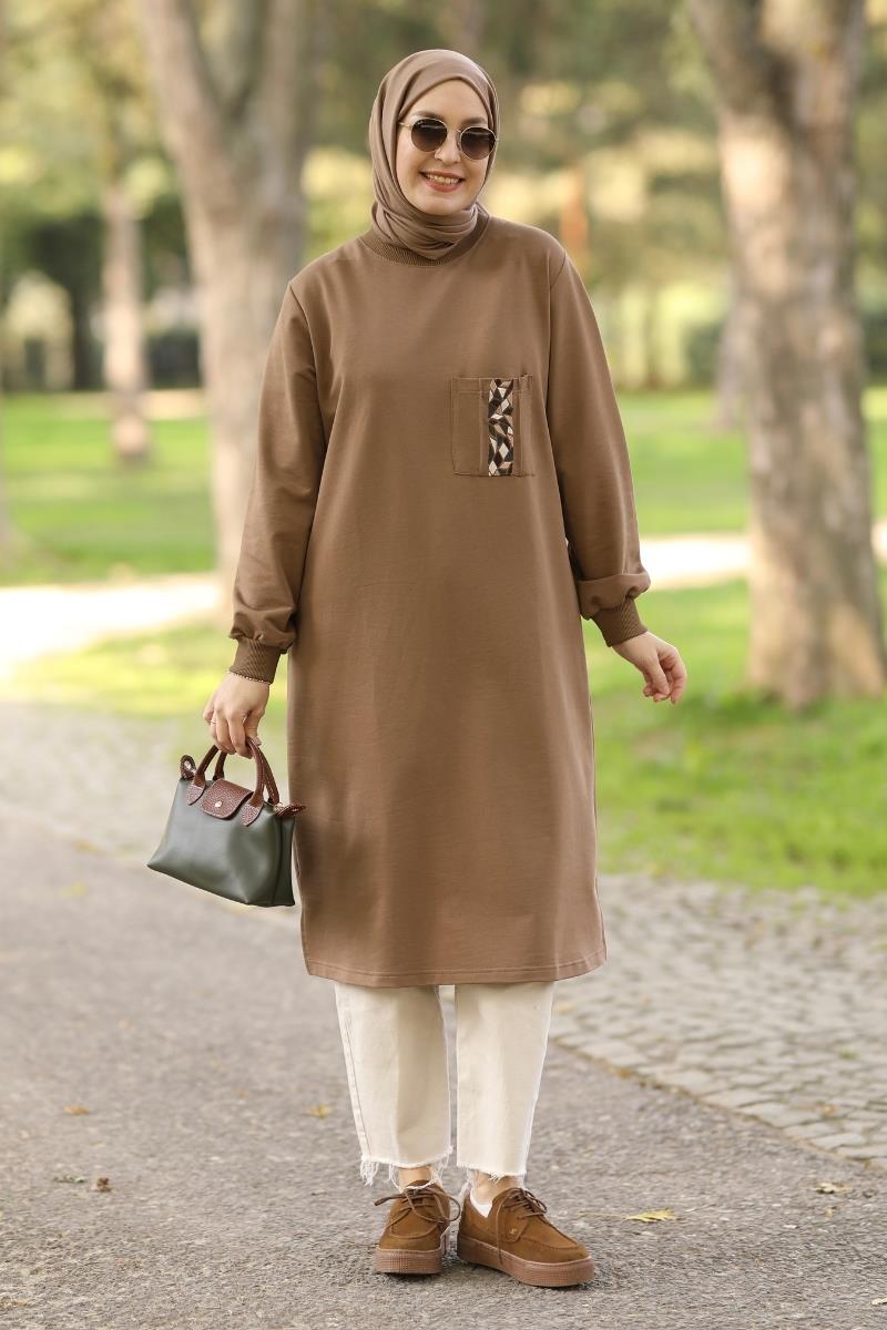 Basic Nakışlı Uzun Sweat Kahve