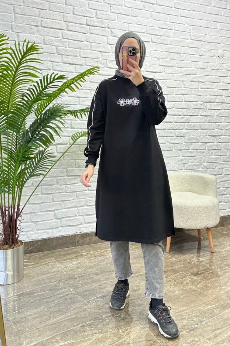 Biyeli Uzun Sweat Siyah