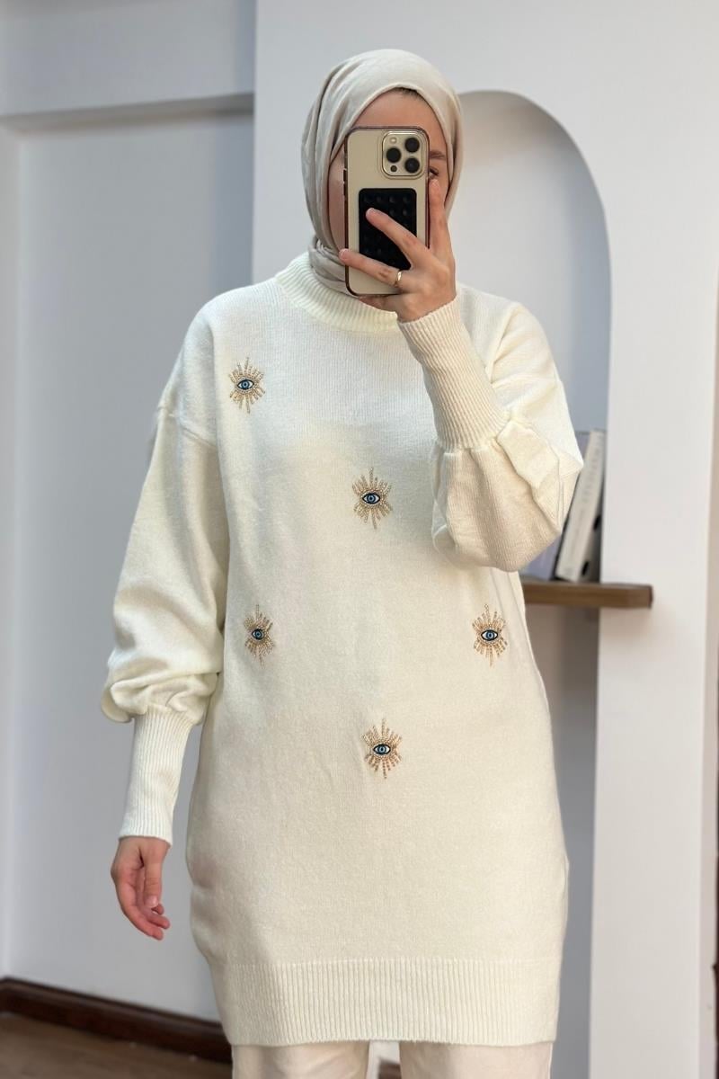 Boncuklu Yumoş Triko Ekru