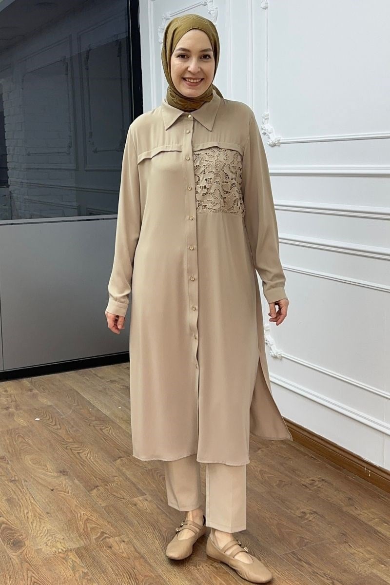 Brode Detaylı Uzun Tunik Vizon