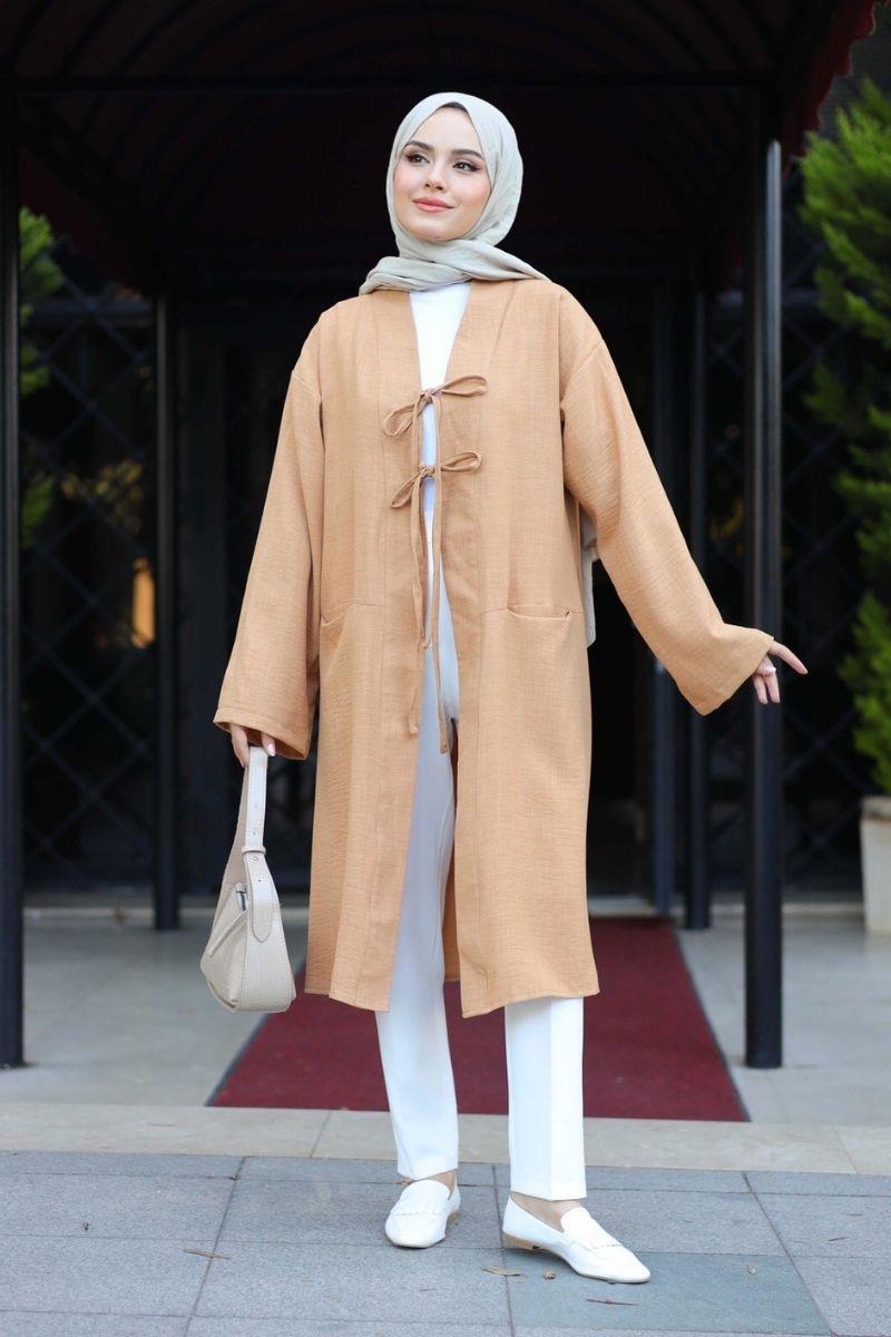 Cep Detaylı Uzun Kimono Hardal