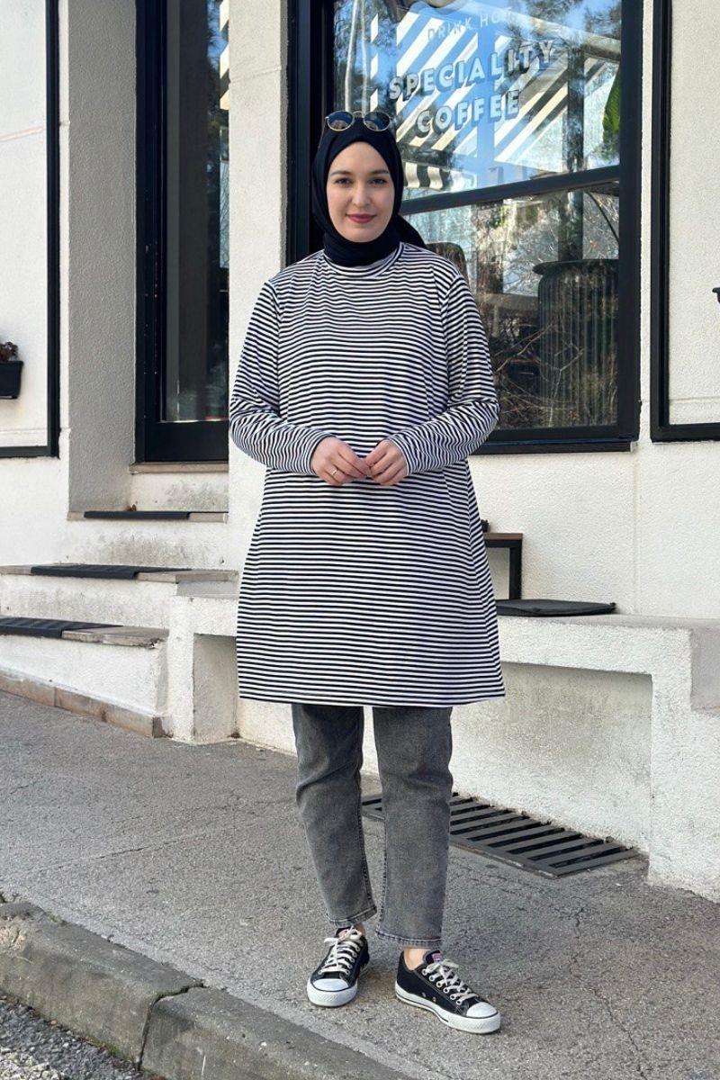 Çizgili Basic Penye Siyah