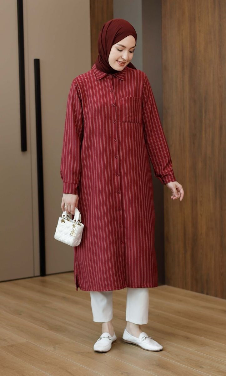 Çizgili Cepli 120 cm Uzun Tunik Bordo