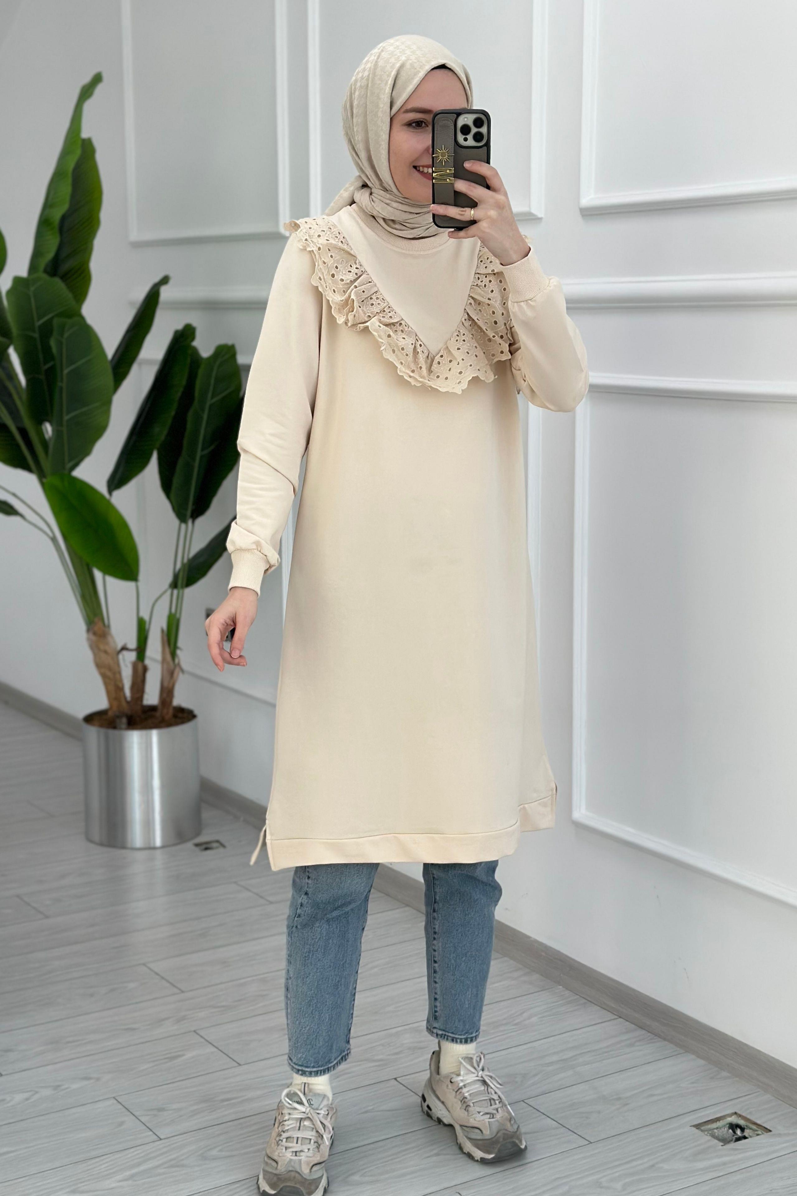 Dantel Detaylı Sweat Krem
