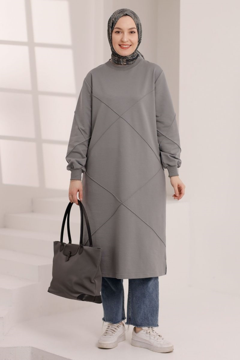 Dikiş Detaylı Uzun Sweat Gri