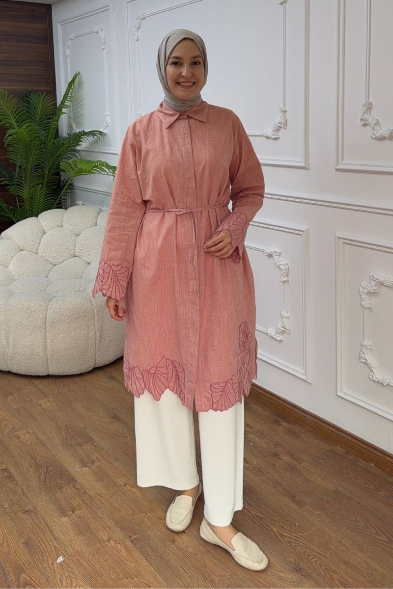 Etek Ucu Ve Kolları Nakışlı Tunik Kiremit
