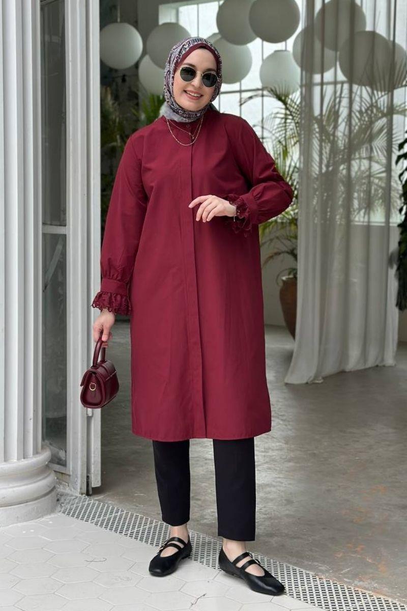 Eva Dantel Detaylı Uzun Tunik Bordo