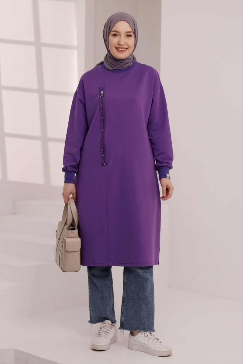 Fermuar Detaylı 110 cm Sweat Mor