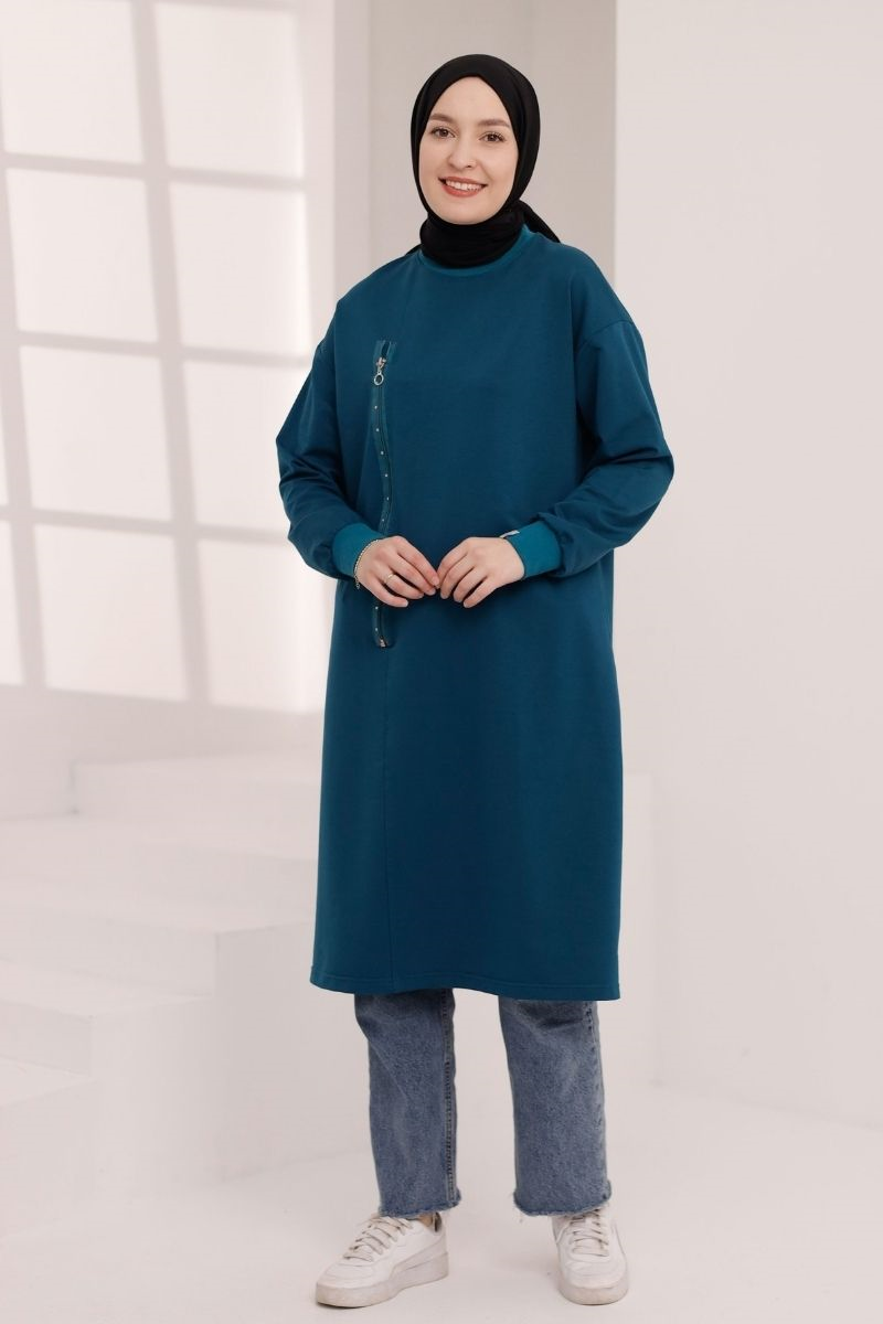 Fermuar Detaylı 110 cm Sweat Petrol
