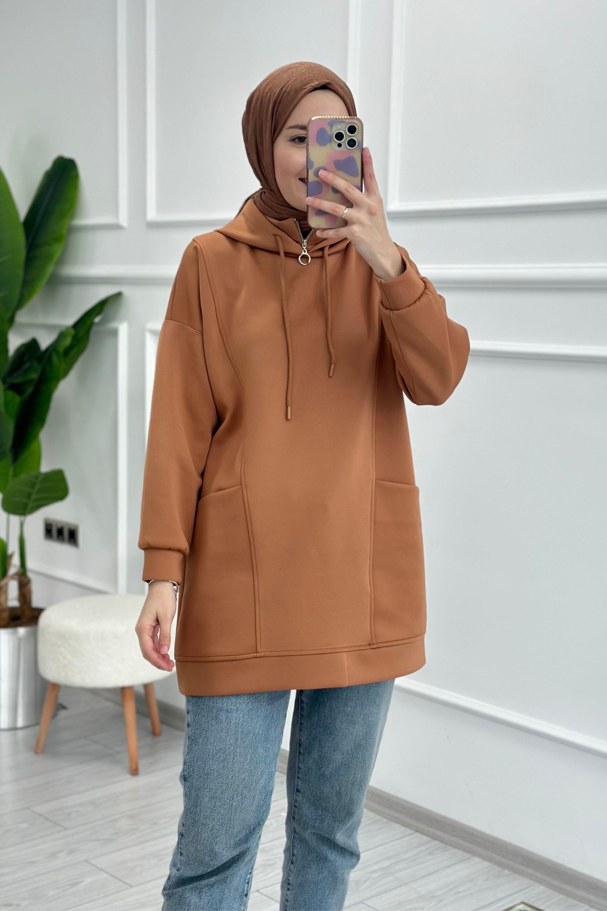 Fermuarlı Scuba Sweat Camel