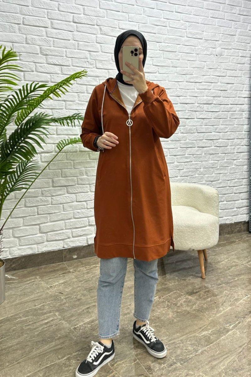 Fermuarlı Sweat Hırka Kiremit