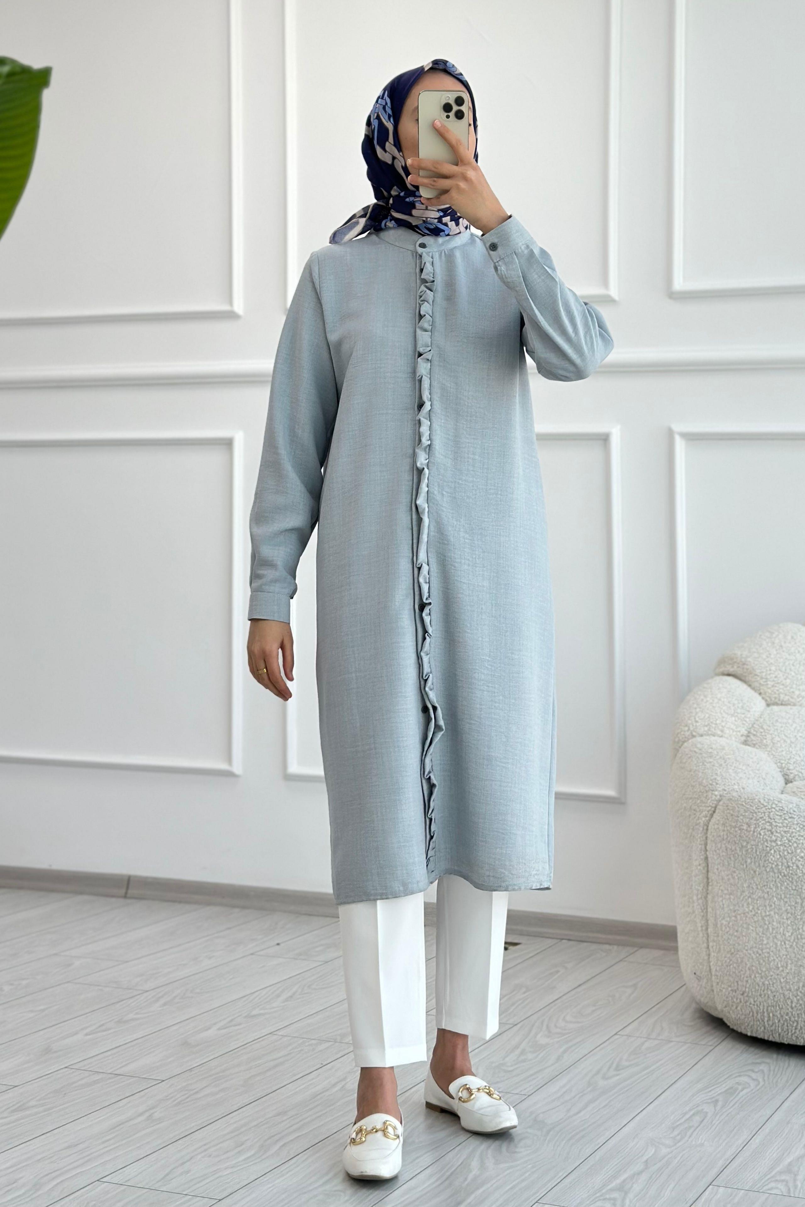 Fırfır Detaylı Uzun Tunik Gri