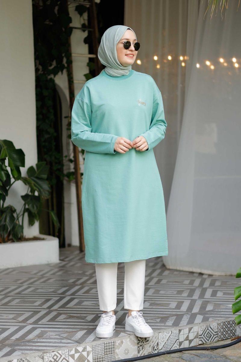 Happy Uzun Nakışlı Sweat Mint