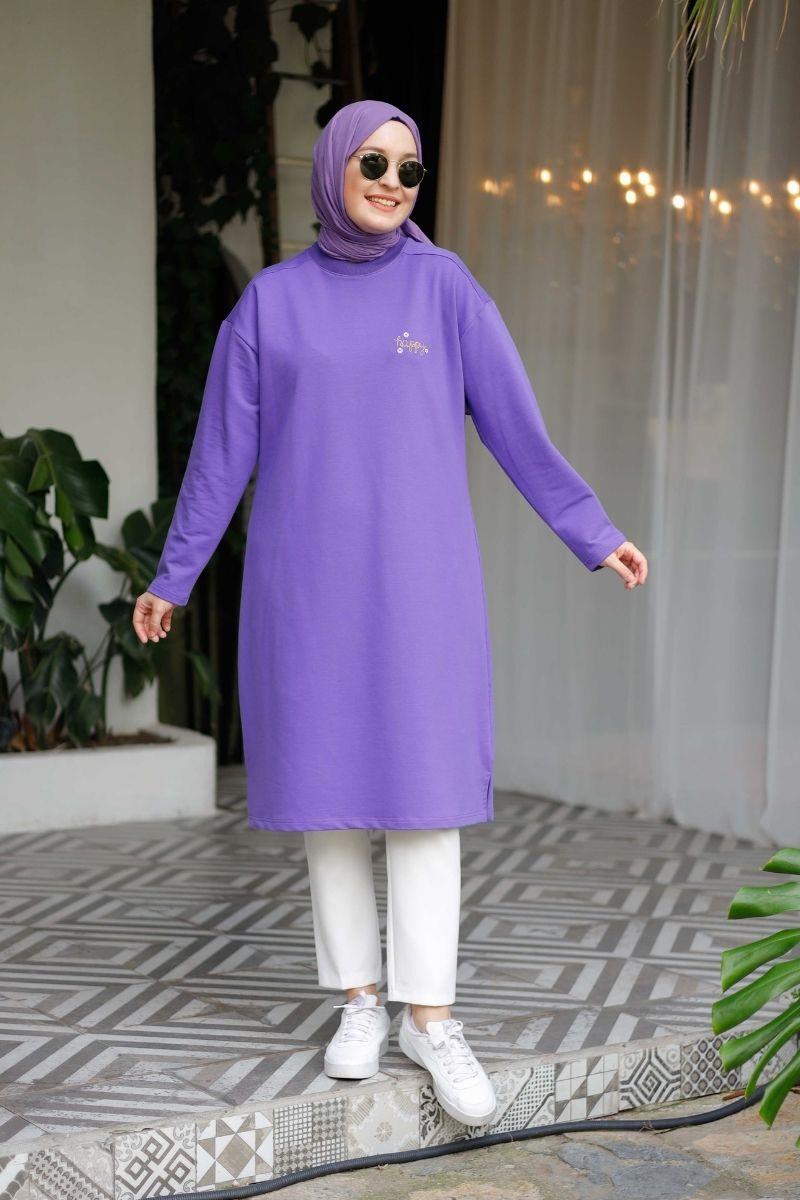 Happy Uzun Nakışlı Sweat Mor