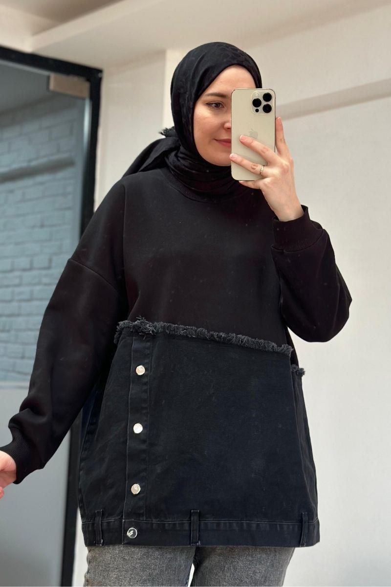 Kot Detaylı Sweat Siyah