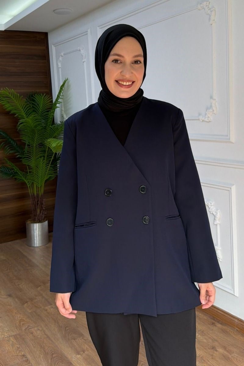 Kruvaze Yakalı Double Ceket Lacivert