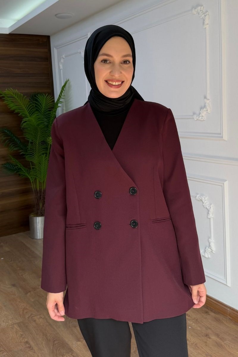 Kruvaze Yakalı Double Ceket Mürdüm