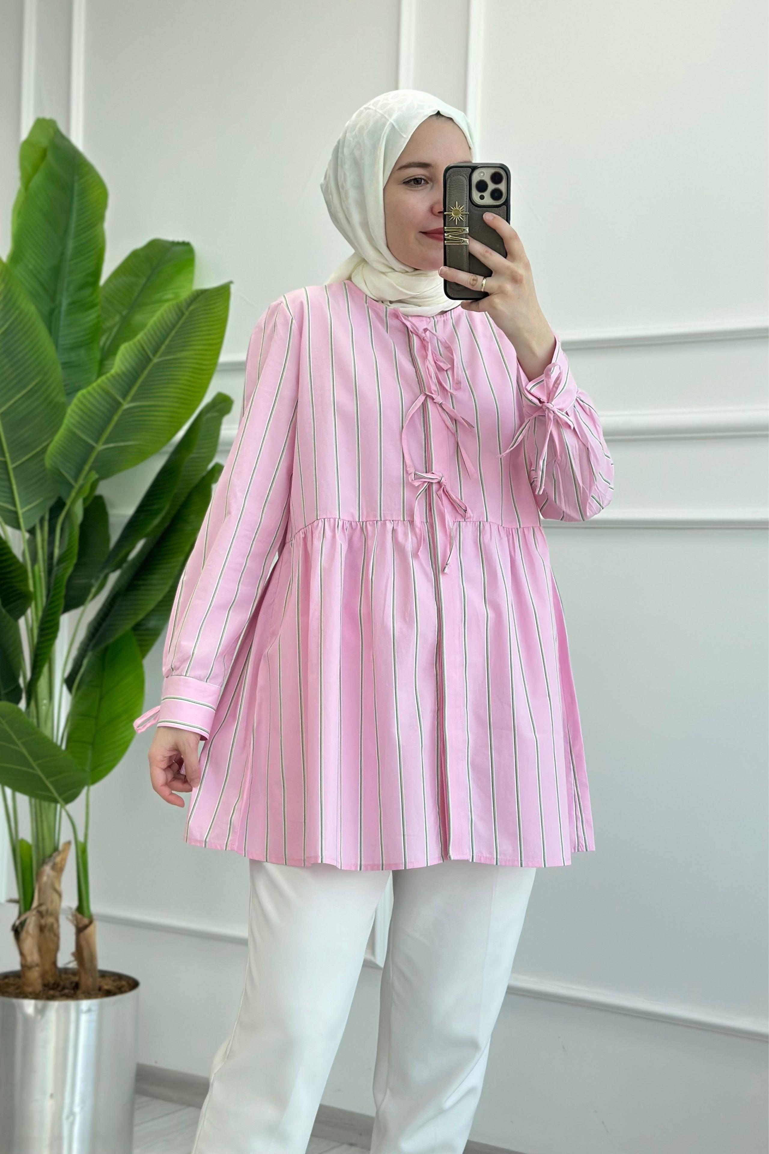 Kurdela Çizgili Pembe Tunik