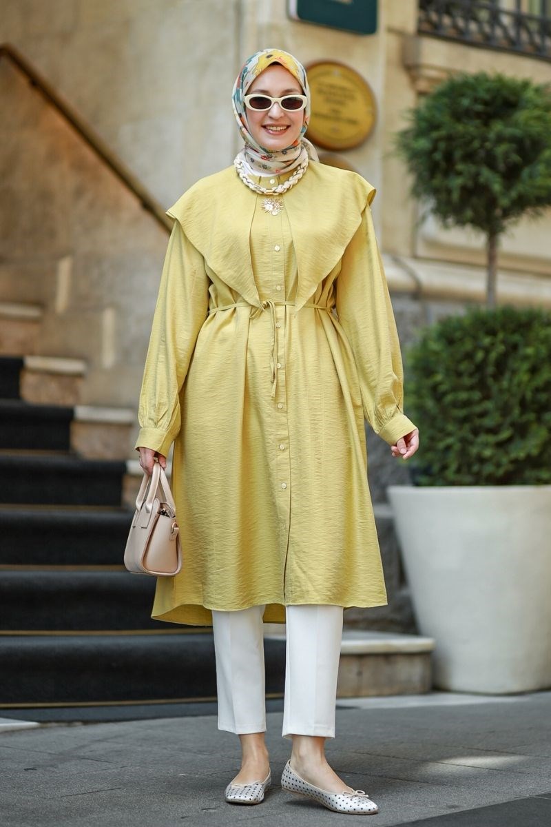 Linda Yakalı Çilek Uzun Tunik Olive