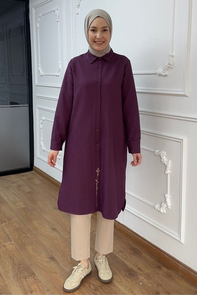 Melisa Nakışlı 110 cm Uzun Tunik Mürdüm
