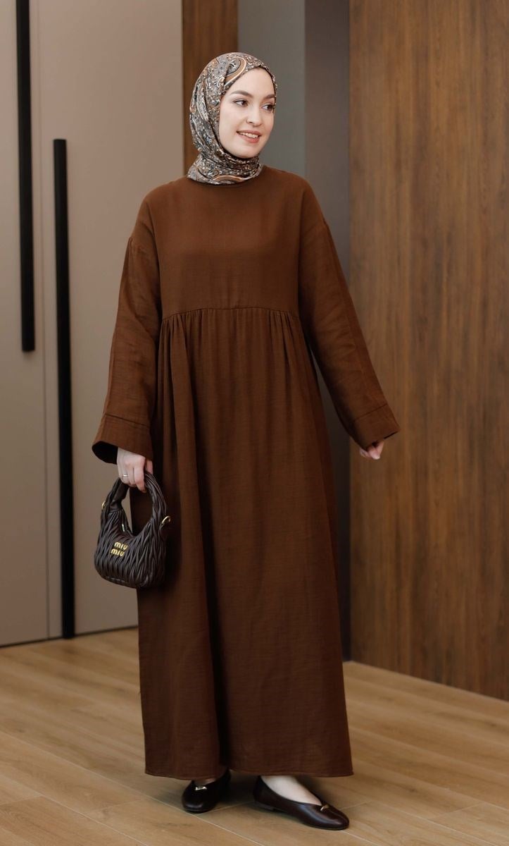 Müslin Uzun Elbise Kahve