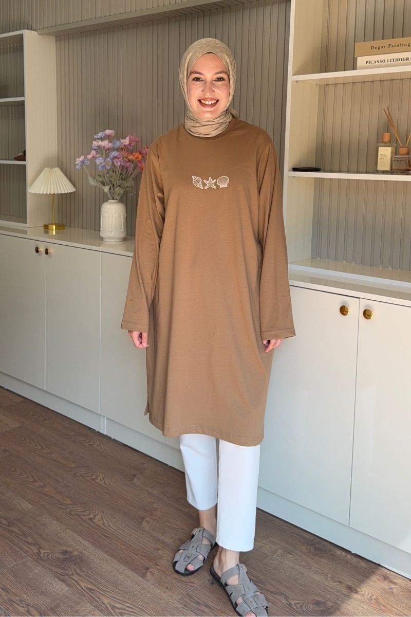 Nakışlı Basic Uzun Tunik Camel
