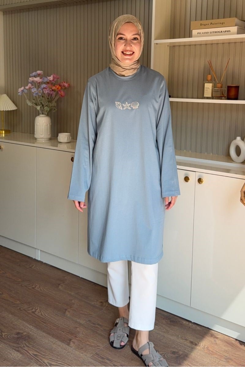 Nakışlı Basic Uzun Tunik Mavi
