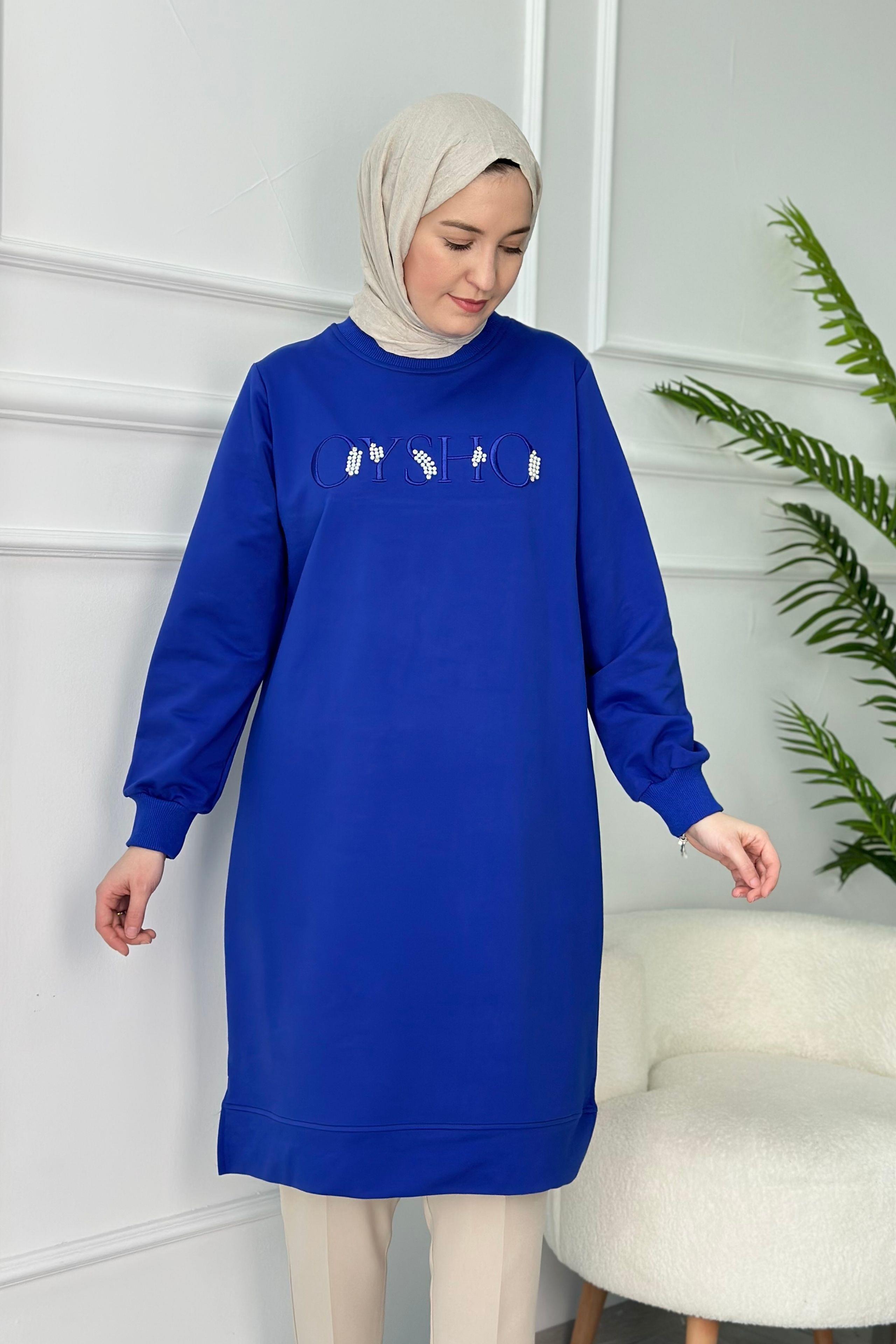 Nakışlı İncili Sweat Tunik Saks