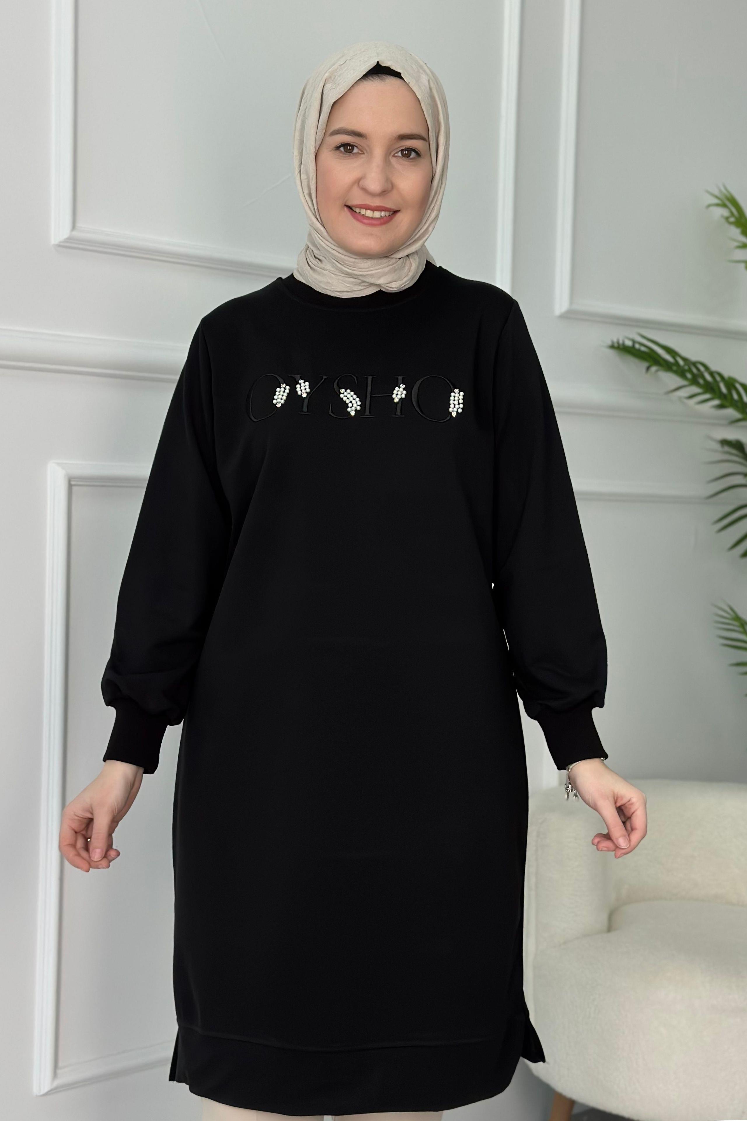 Nakışlı İncili Sweat Tunik Siyah