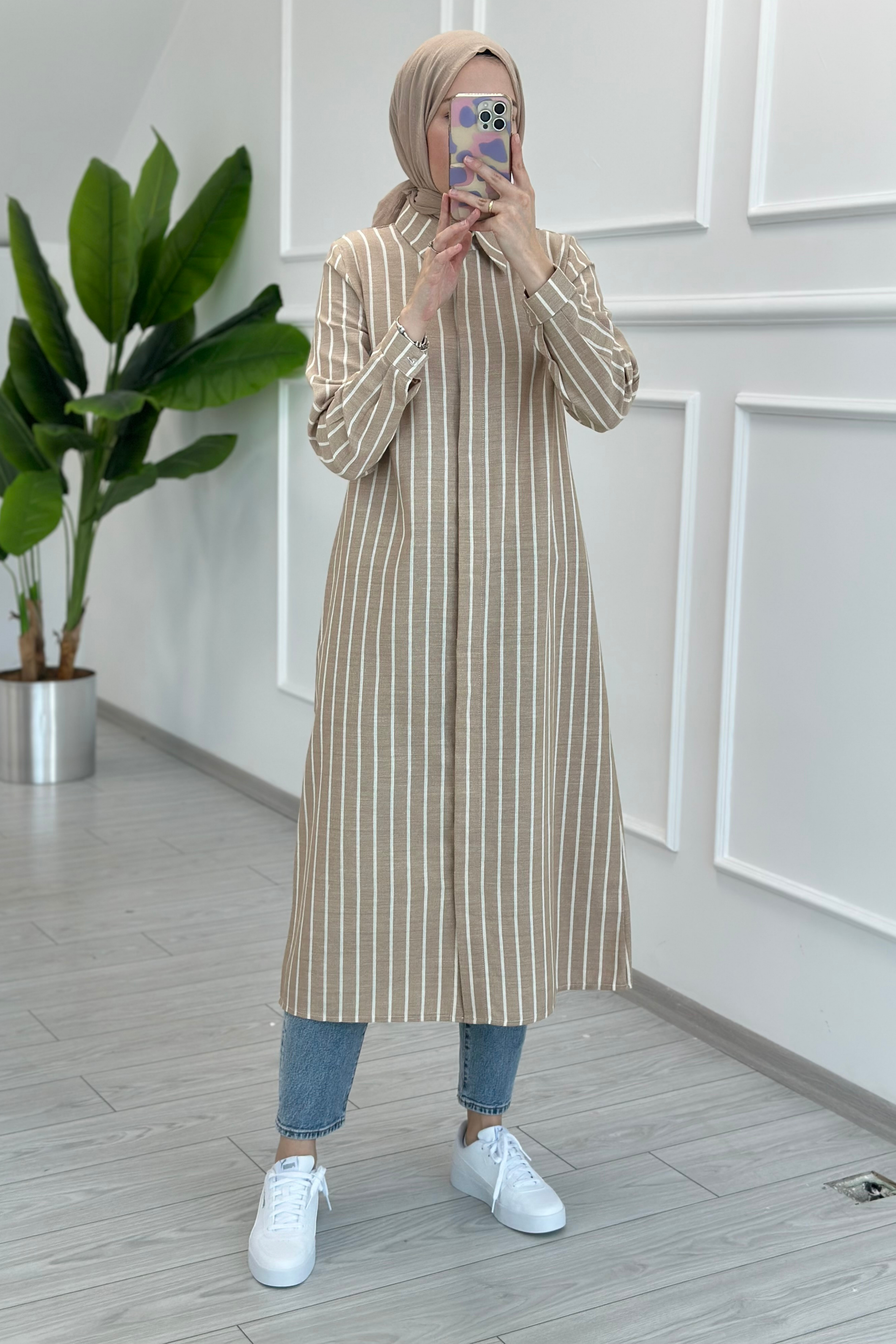 Naturel Çizgili Pamuklu Tunik Mocha