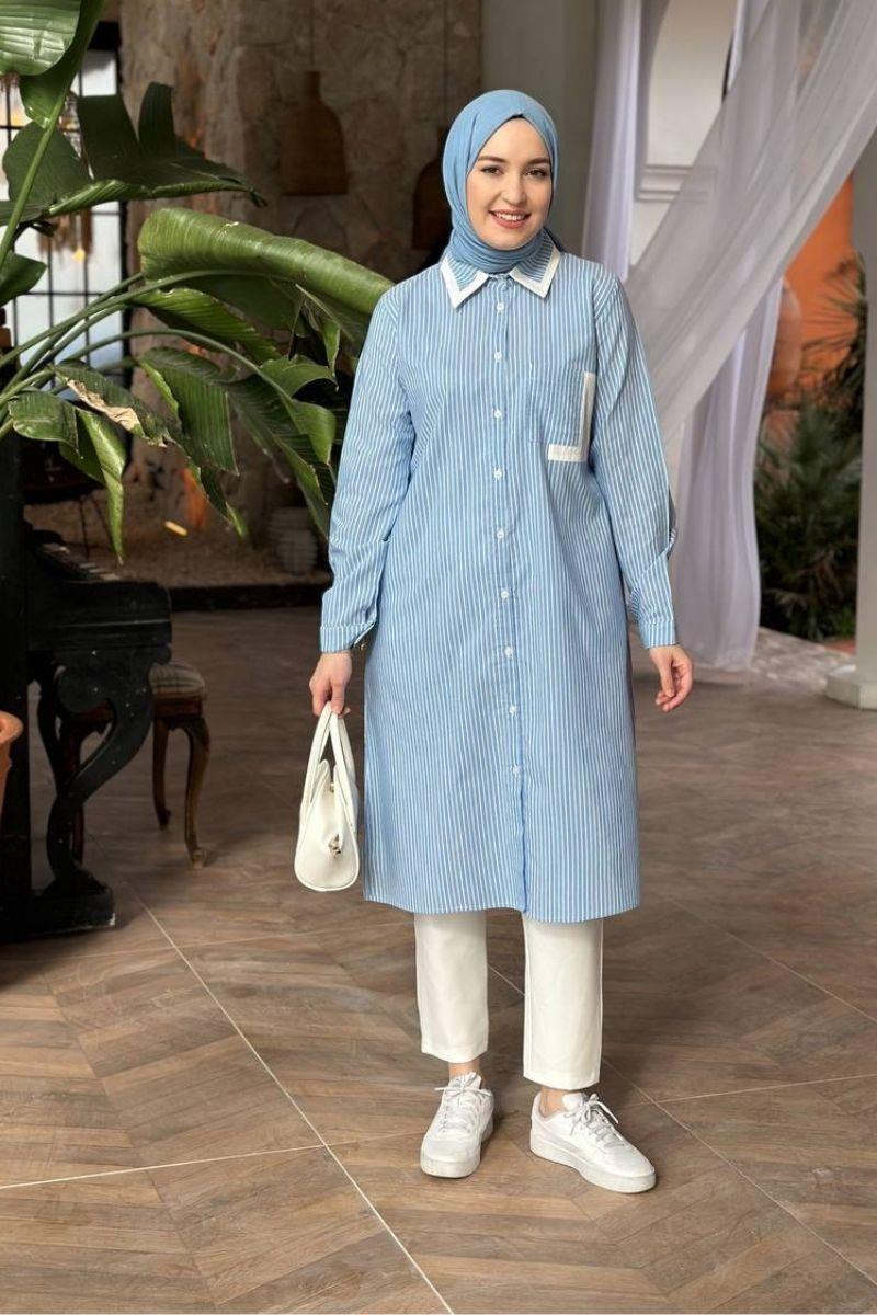Naturel Çizgili Uzun Tunik Bebe Mavisi