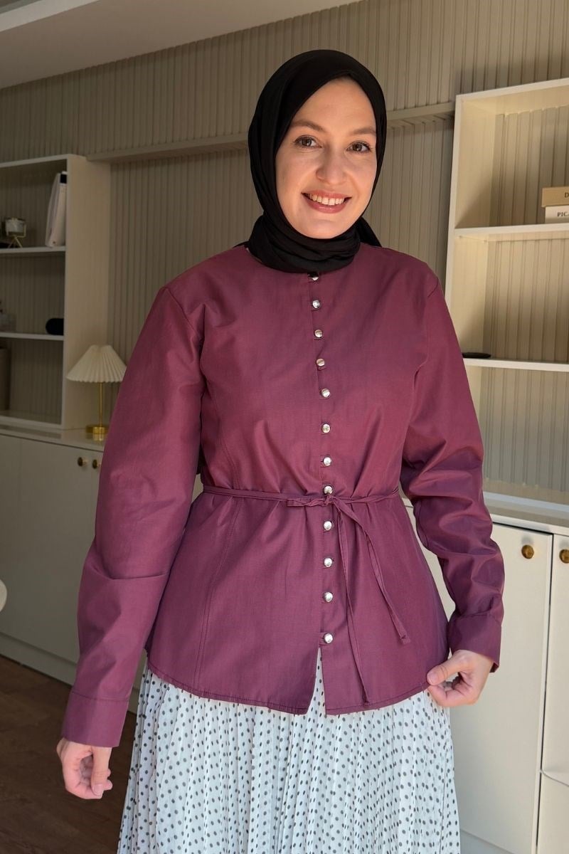 Önü Biritli Poplin Gömlek Bordo