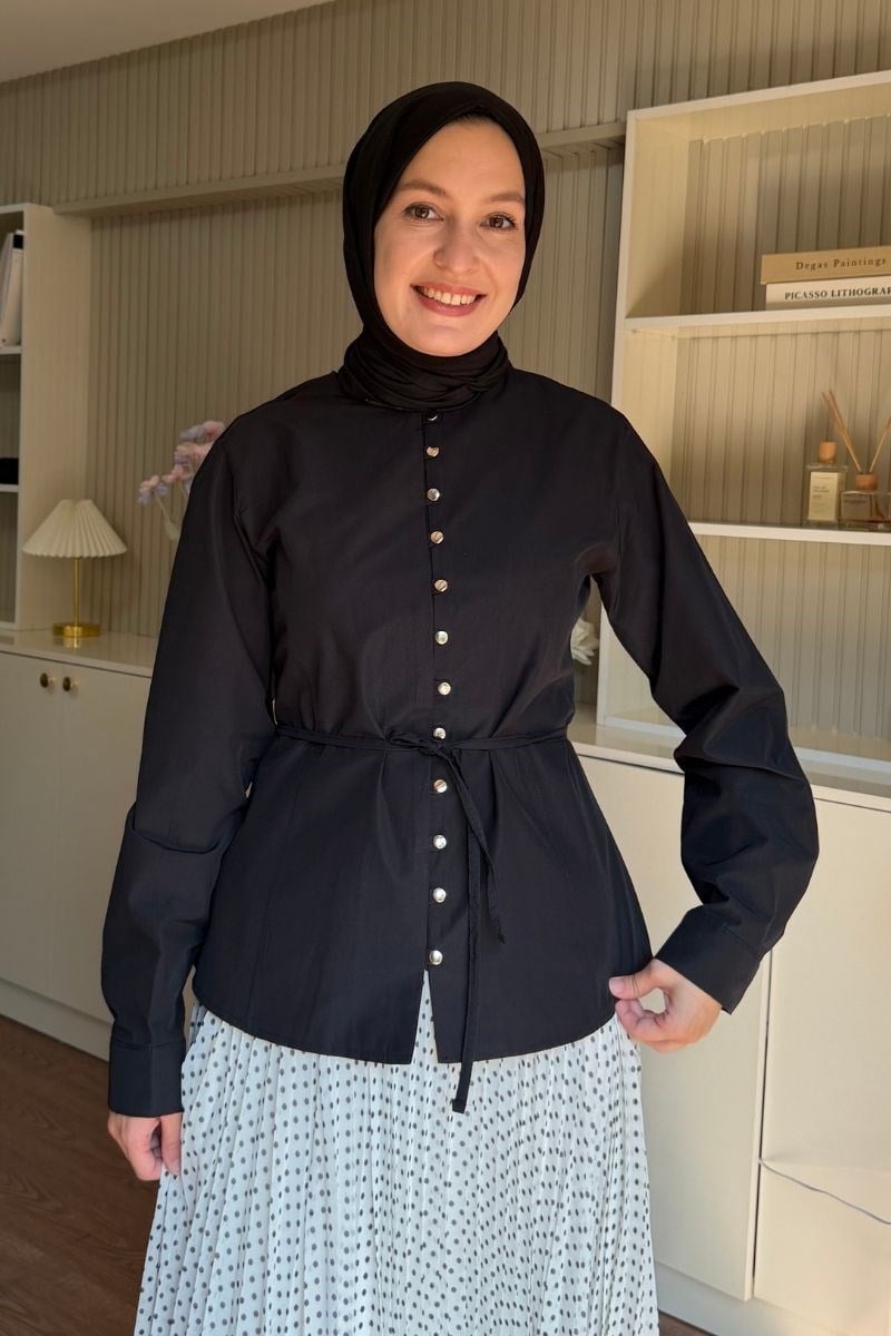 Önü Biritli Poplin Gömlek Siyah