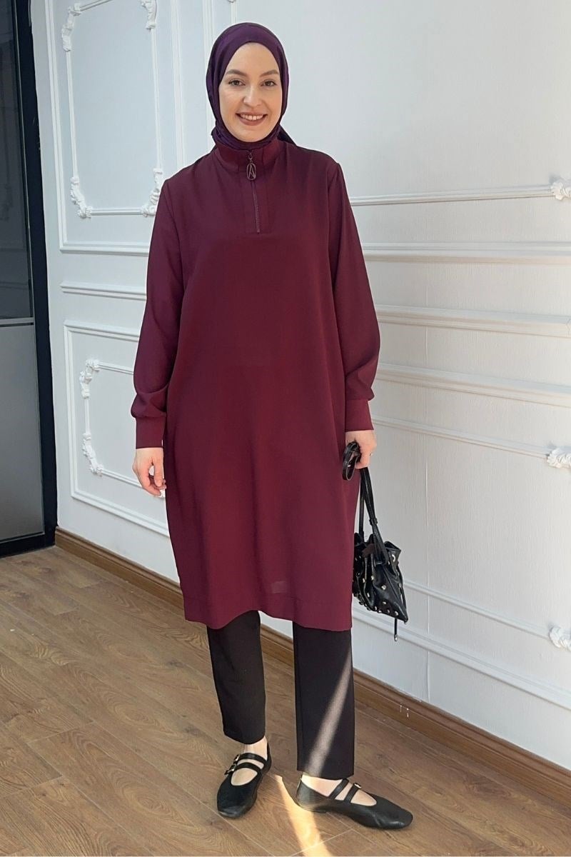 Önü Fermuarlı Basic Tunik Mürdüm